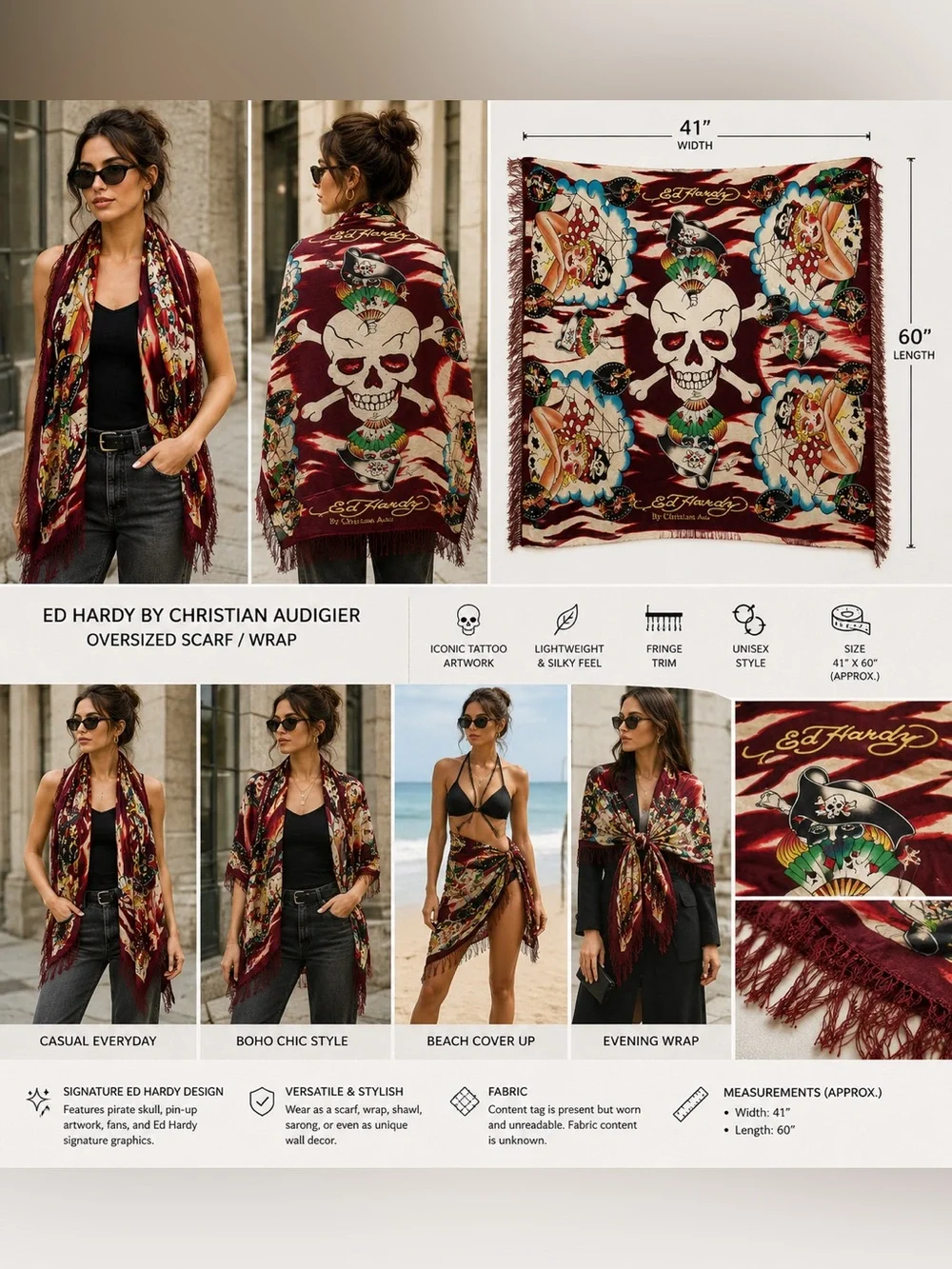 Ed Hardy Pirate Skull Pin Up Oversized Fringe Scarf Wrap 41